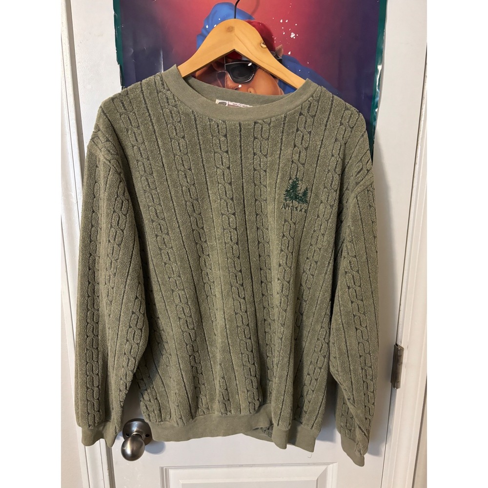 Vintage Akwa Alaska Cable Knit Fleece Sweatshirt Mens Medium Green Made in USA